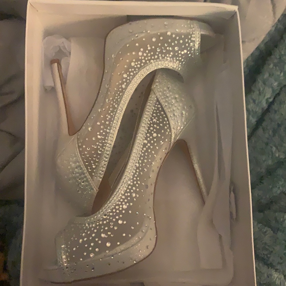 David's Bridal Silver Crystal Peep-Toe Platform Stilettos